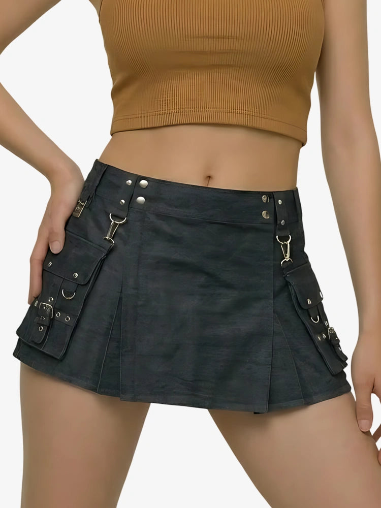 Kilt utility en denim noir premium pour femme