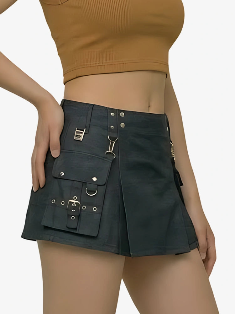 Kilt utility en denim noir premium pour femme