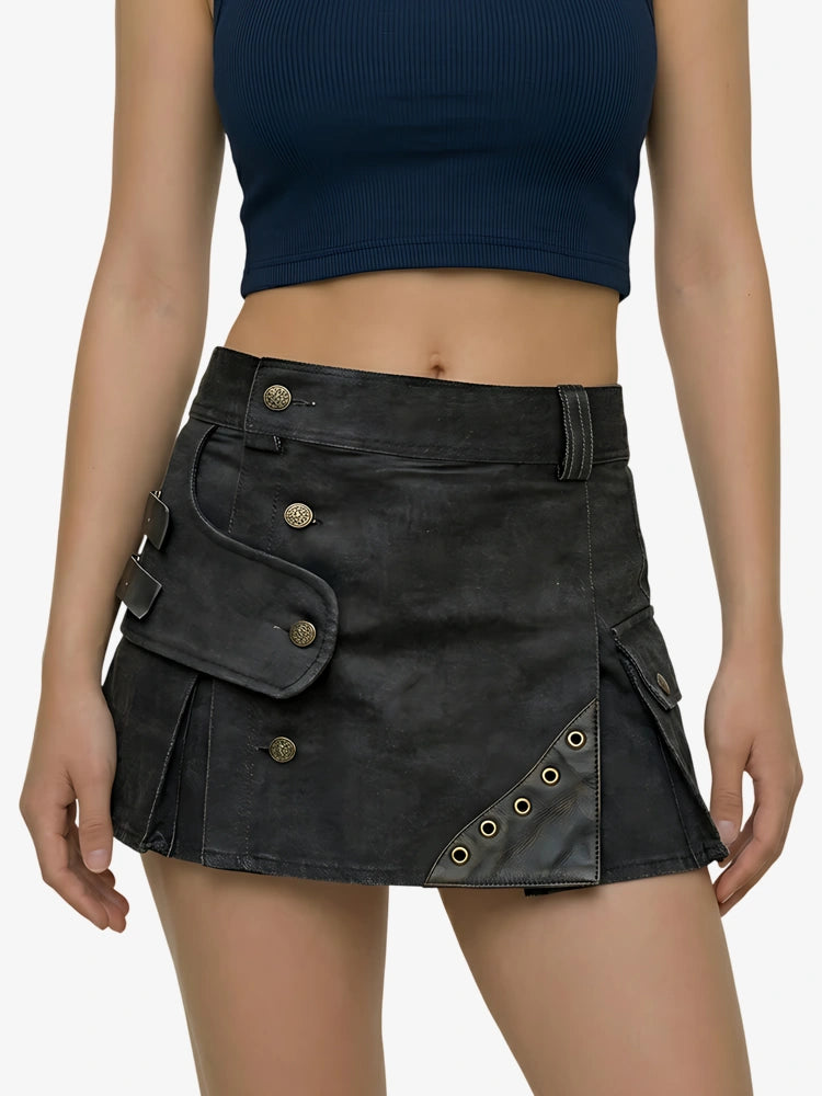 Kilt utility en denim noir avec sangles pour femme