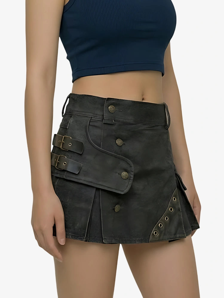 Kilt utility en denim noir avec sangles pour femme
