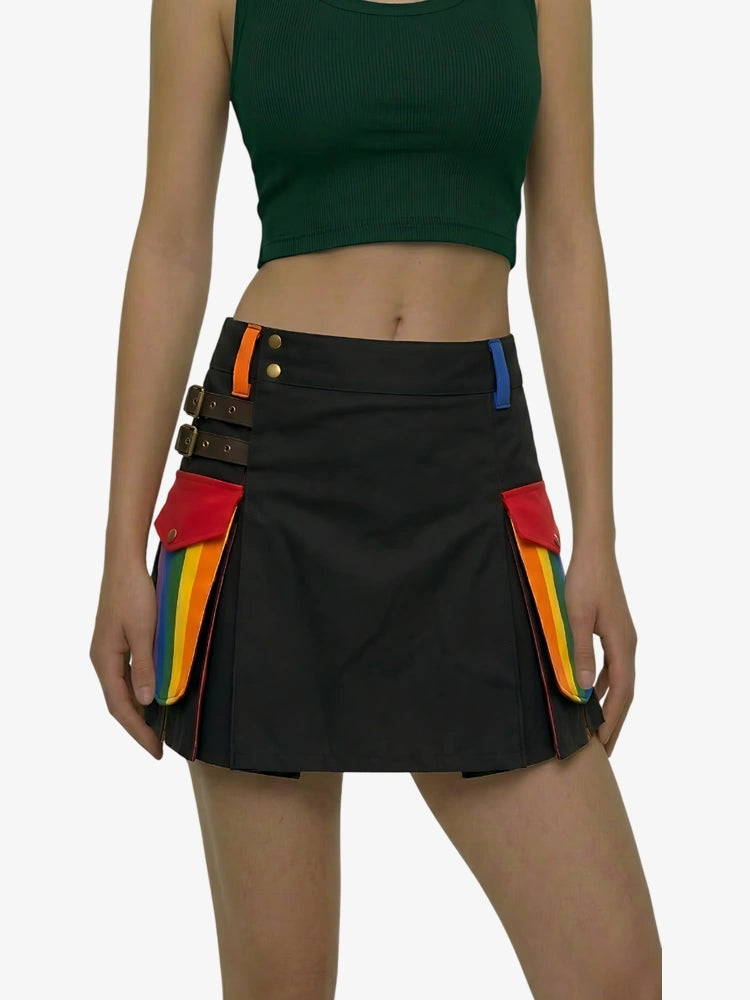 Women Black Firefighter Kilt with Red & Blue Pleats