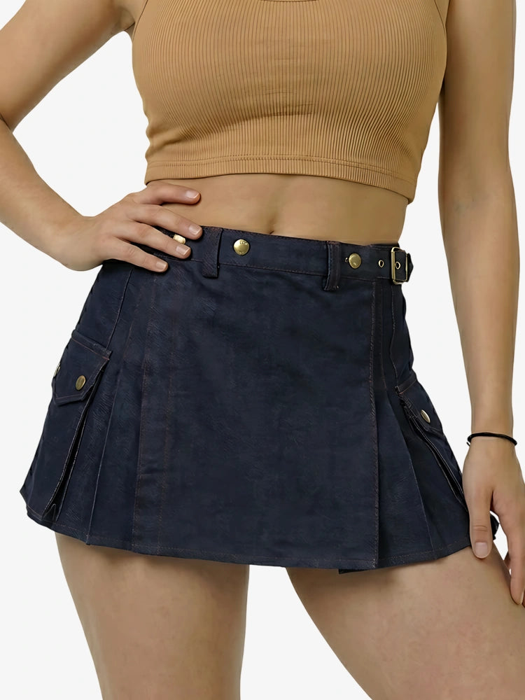 Kilt en denim bleu marine avec fil rouge pour femme
