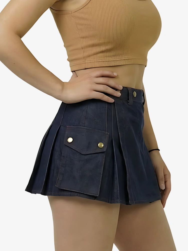 Kilt en denim bleu marine avec fil rouge pour femme