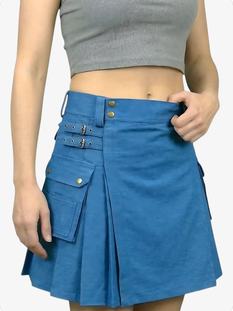 Kilt en Denim Bleu pour Femme avec Sangles Ajustables