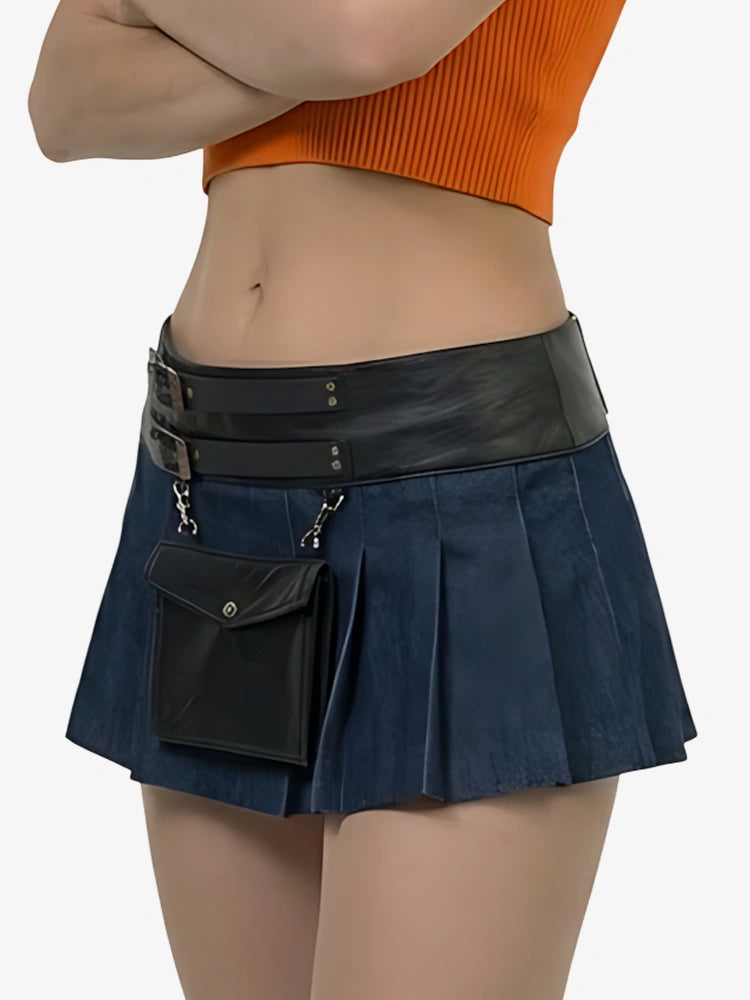 Kilt utility en denim bleu avec cuir pour femme