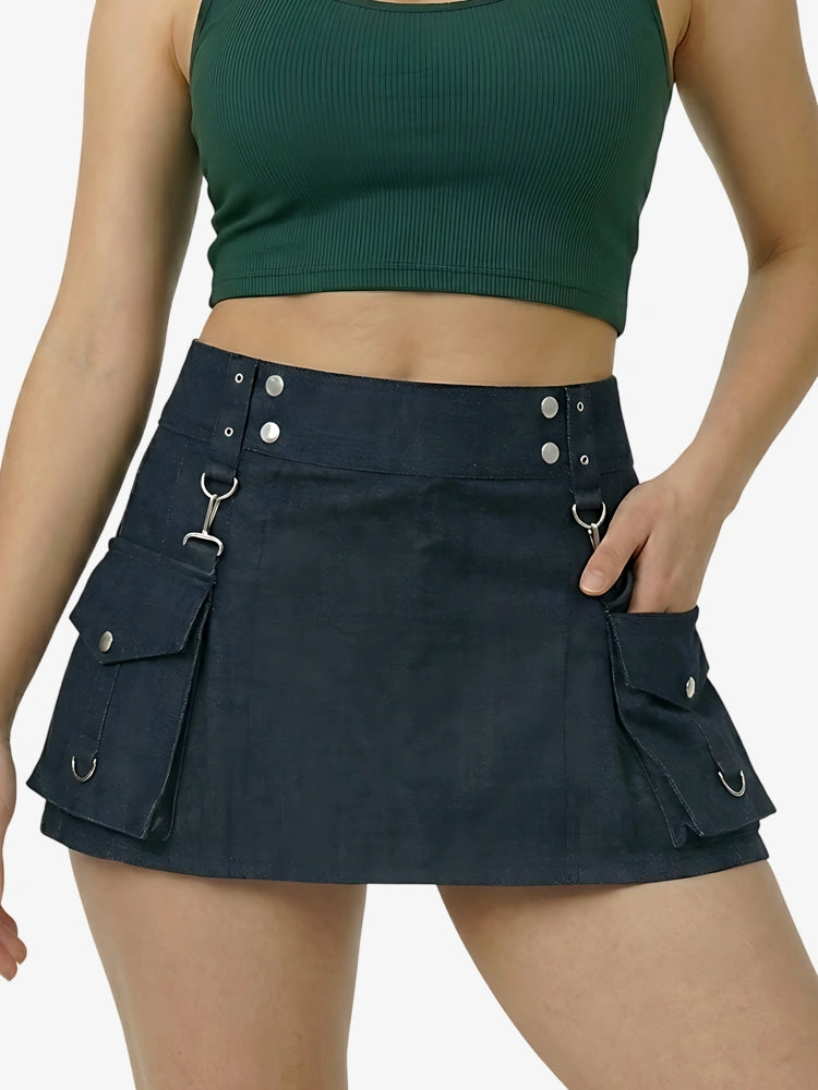 Kilt en denim bleu avec boucles pour femme