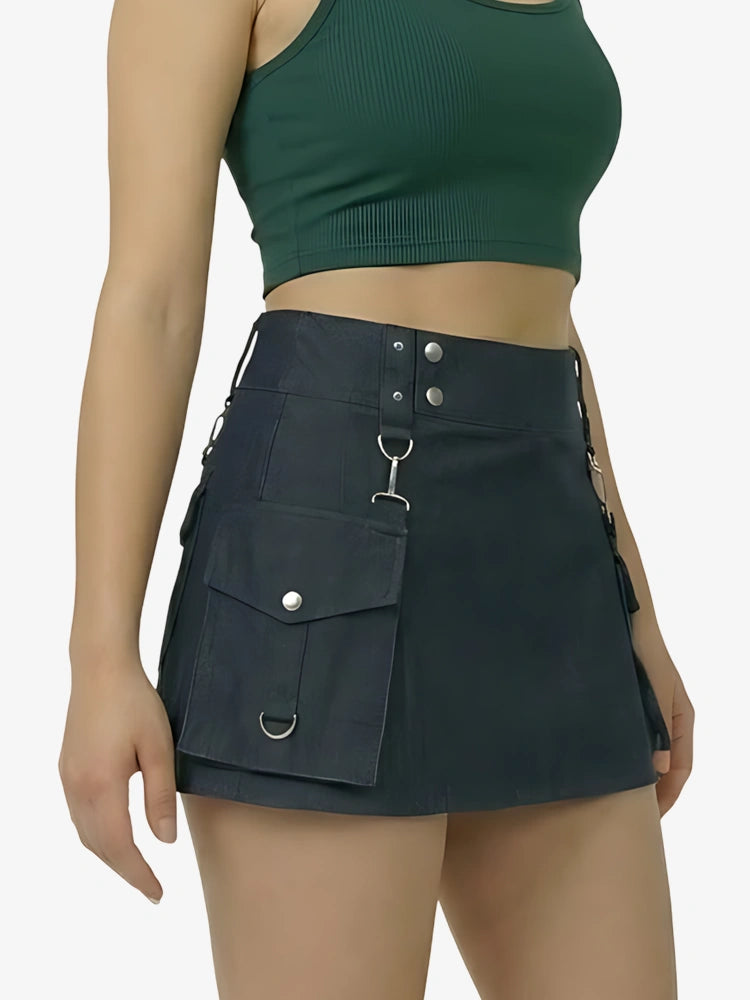 Kilt en denim bleu avec boucles pour femme