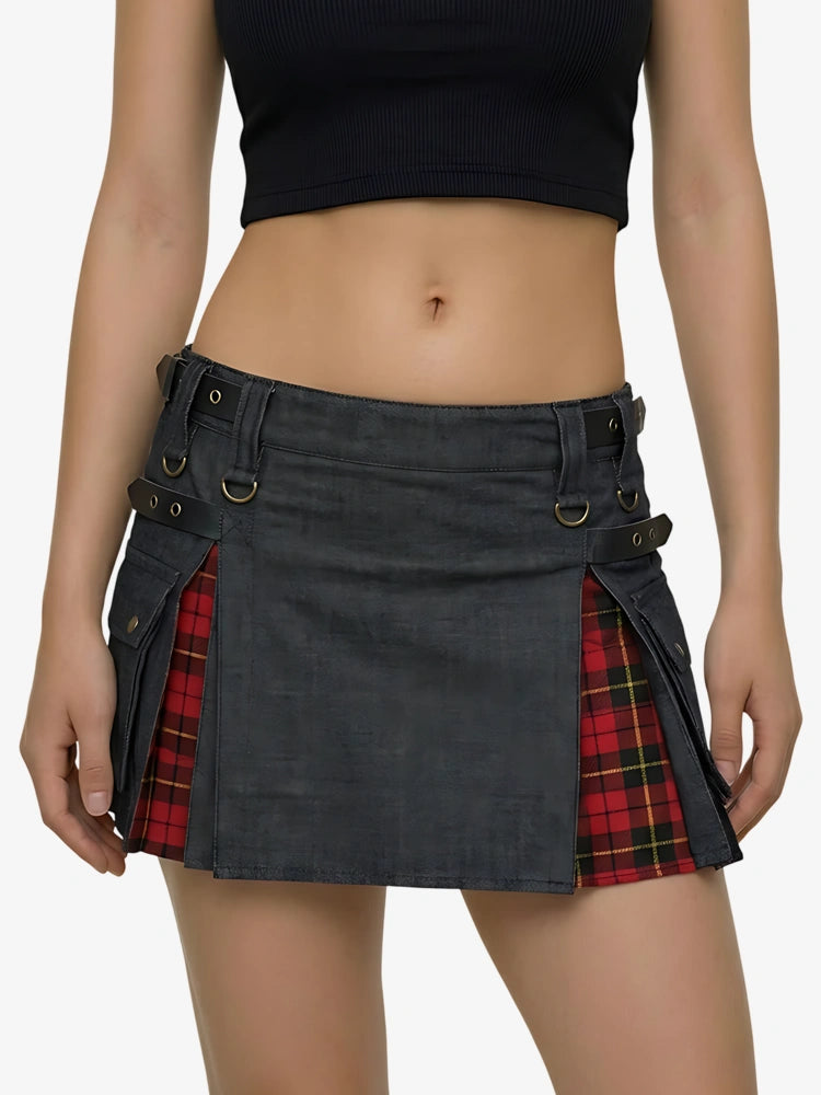 Kilt en denim noir écossais pour femme