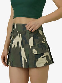 Camouflage skirt worn by a person on a white background