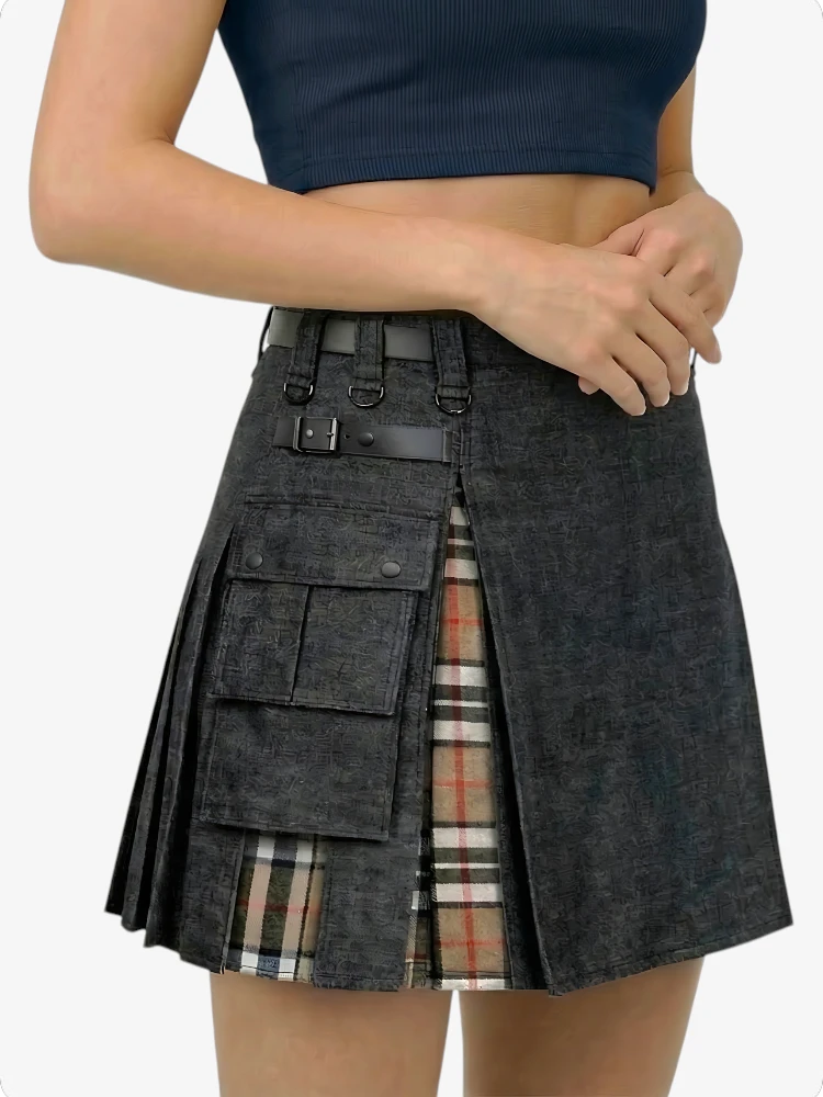 Kilt en Denim Noir Campbell Tartan pour Femme