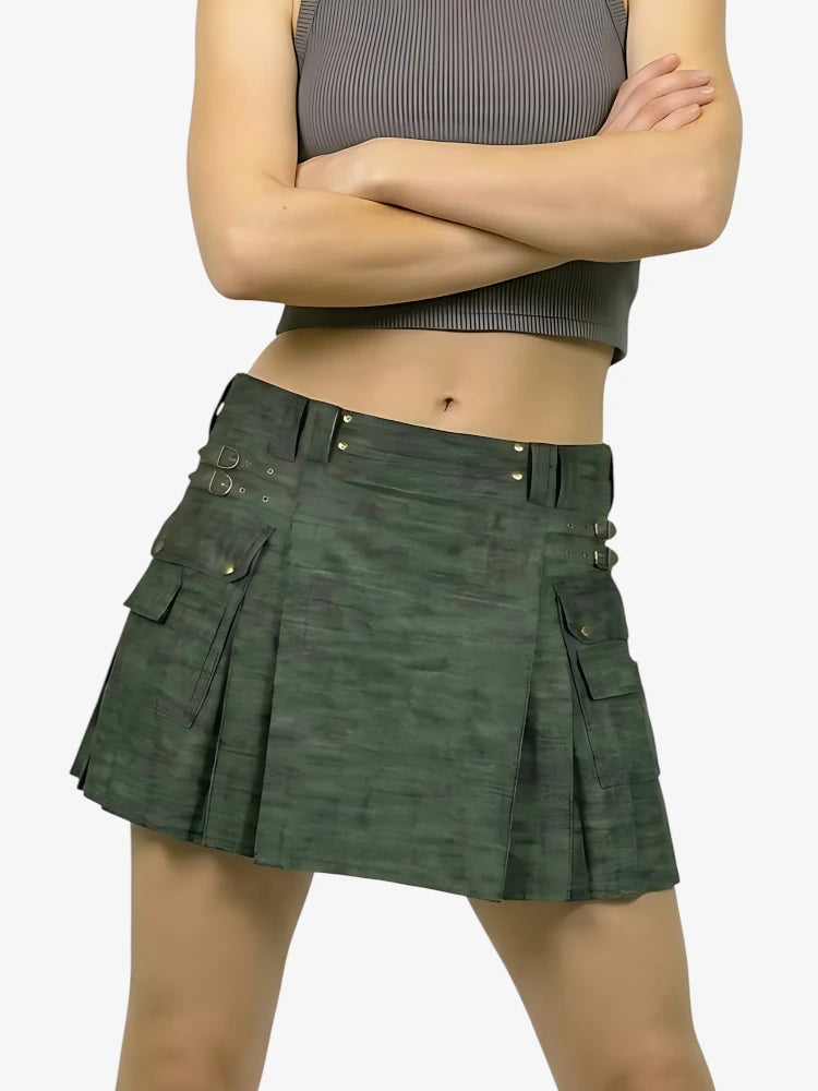 Kilt en Denim Vert Olive Foncé pour Femme avec Poche Cargo