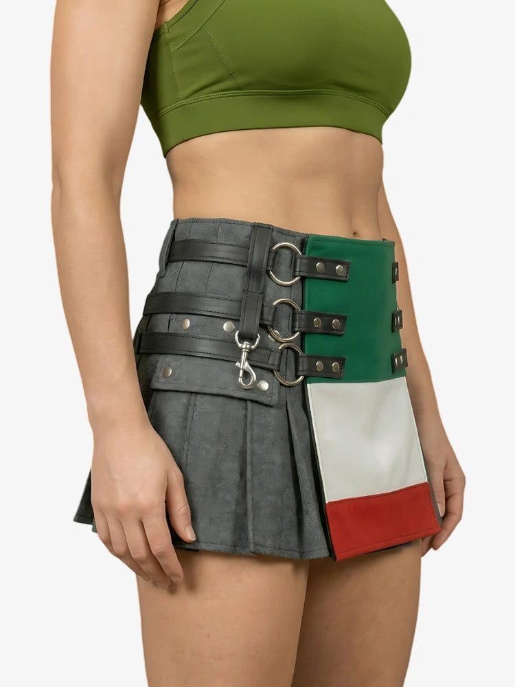 Kilt en Denim Noir Drapeau Italien pour Femme avec Sangles en Cuir