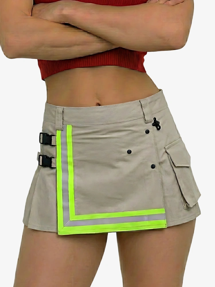 Kilt pompier gris clair pour femme avec bandes réfléchissantes néon