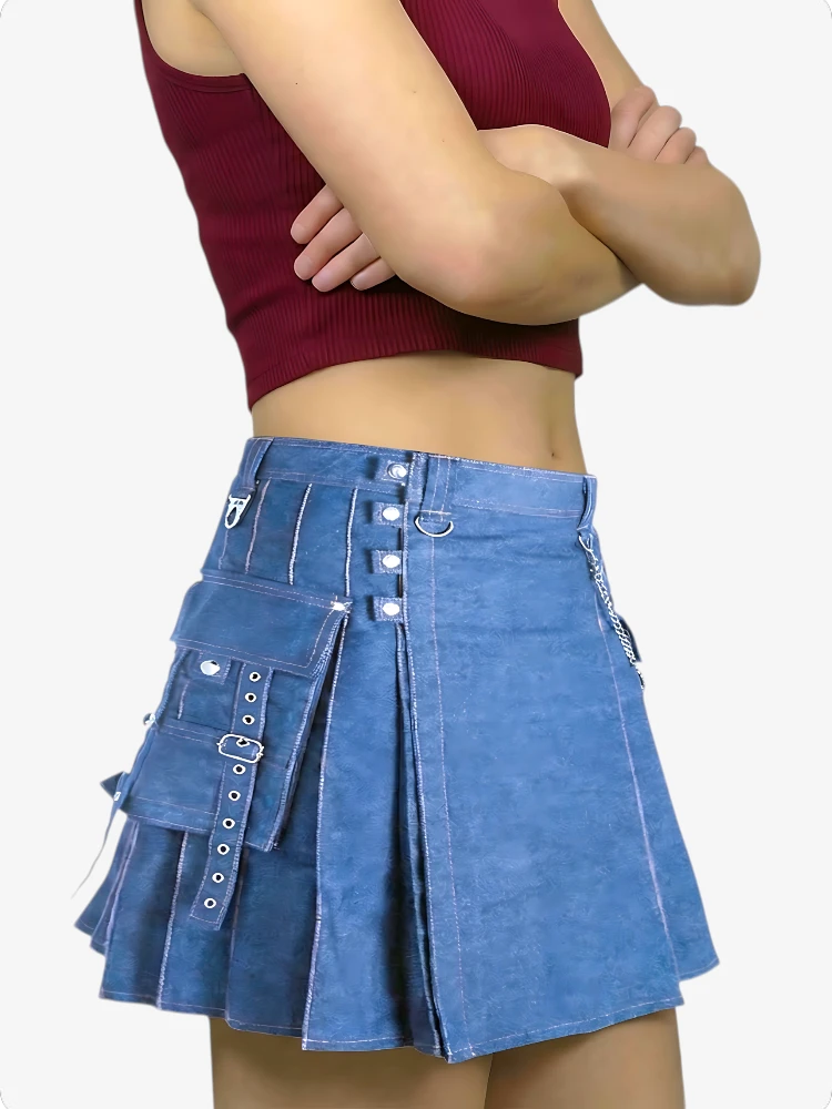 Kilt Moderne en Denim Bleu pour Femme