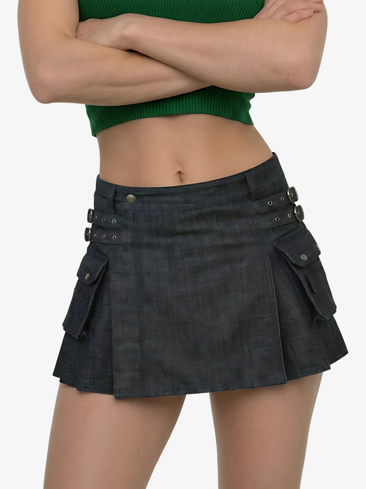 Kilt utility en denim noir écossais pour femme