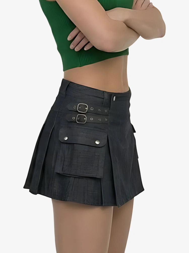 Kilt utility en denim noir écossais pour femme
