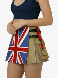 Person wearing a skirt with a Union Jack design and a beige utility belt.