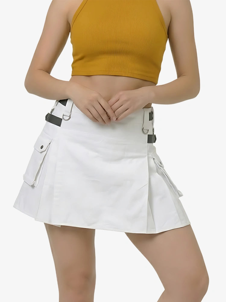 Kilt Utility Blanc pour Femme avec Sangles en Cuir